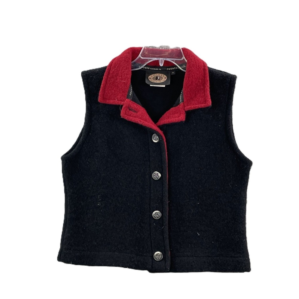 County Clothing Co. Fleece Vest Womens‎ Small Black Wool Spread Collar Button Up